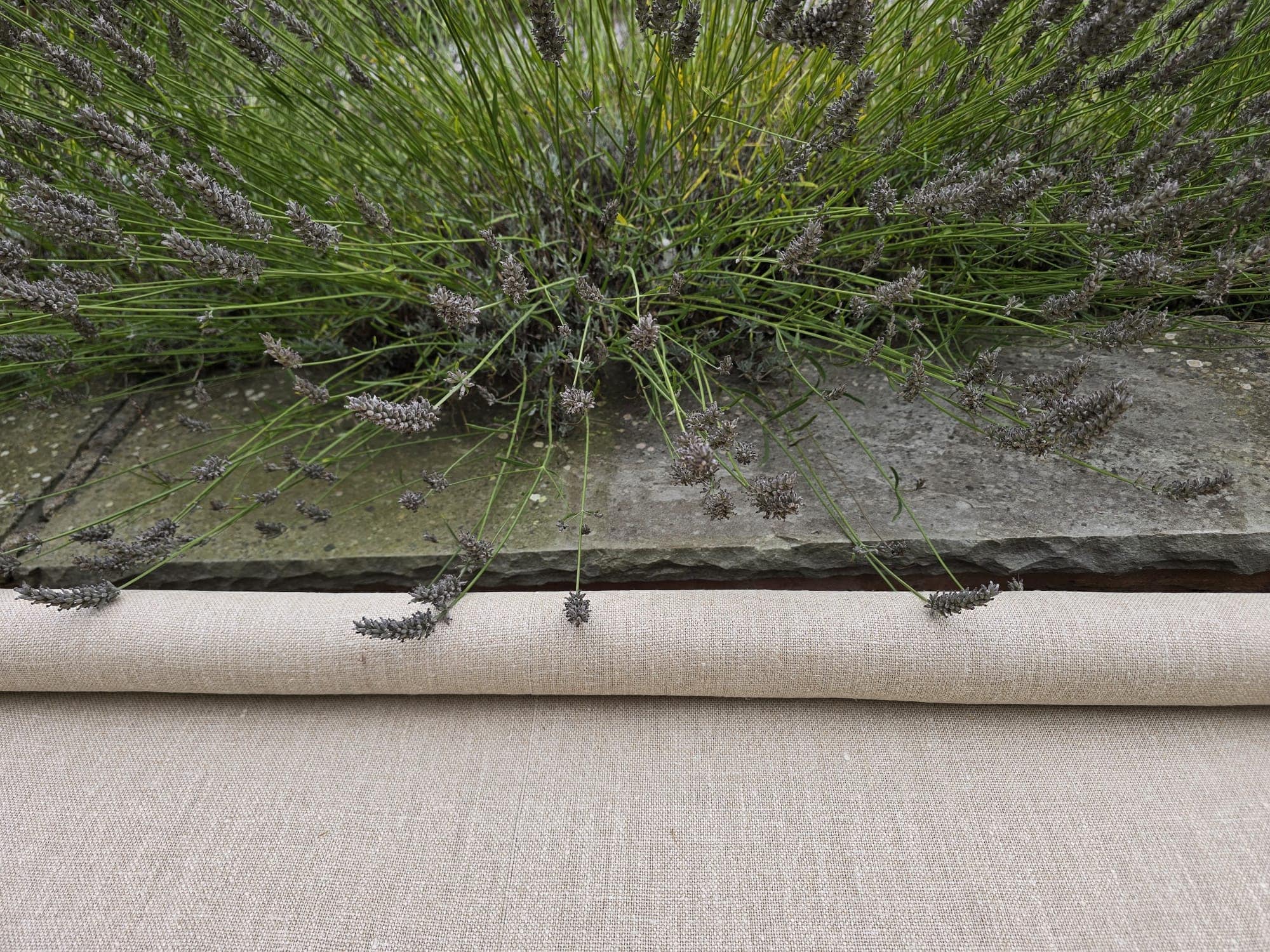 Terra hemp fabric roll by slate wall with lavender plants